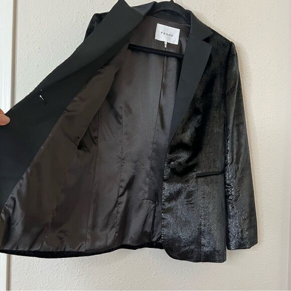 FRAME Black Metallic Velvet Satin Single Blazer Jacket Size 2 - Picture 11 of 12